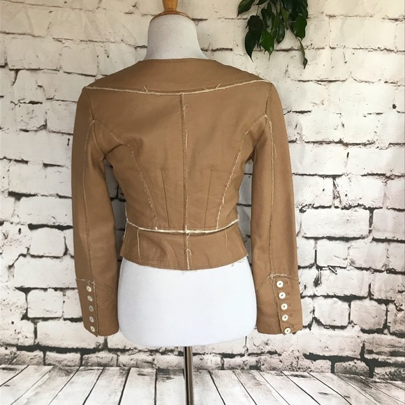Tan Frayed Seams Patchwork Vegan Leather Fitted Jacket Coat size small - Picture 9 of 11